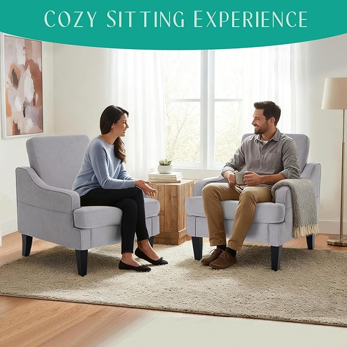 Modern Accent Chairs Set of 2 Upholstered Reading Chair for Bedroom with Side Pockets Comfy Living Room Chairs Living Room Armchair for Office, Apartment (Grey)