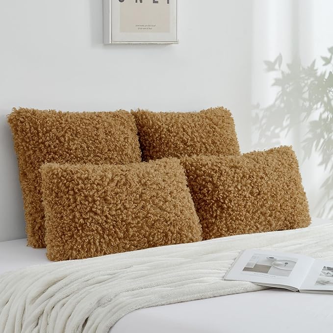 FUTEI Camel Decorative Throw Pillow Covers 20x20 Inch Set of 2,Soft Fluffy Faux Wool Fur Boucle Textured Cushion Case,Modern Home Decor for Couch Bed Living Room Office