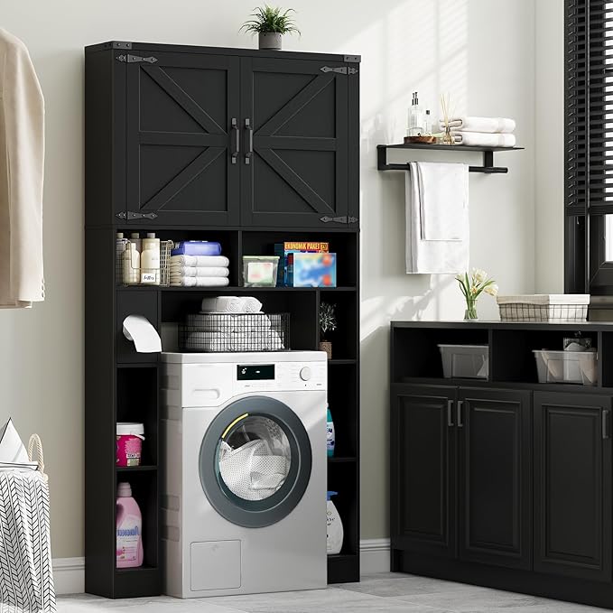 Vabches Over The Toilet Storage Cabinet, Farmhouse Storage Cabinet Over Toilet with 2 Barn Doors ,Toilet Paper Holder Stand,Home Space-Saving Toilet Rack, for Laundry, Restroom, Bathroom.Black.