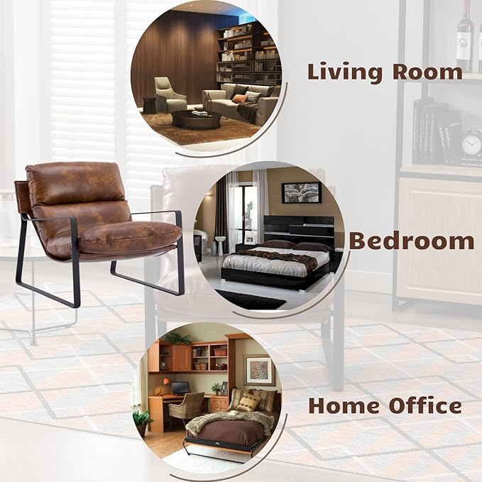 HEAH-YO Modern Accent Chairs Set of 2, PU Faux Leather Living Room Chairs with Removable Cushion and Solid Metal Frame, Comfy Reading Chairs for Bedroom, Brown
