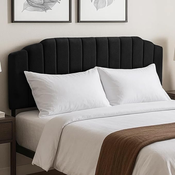 Upholstered Headboard Adjustable Height Queen/King Headboard Cream Velvet Tufted Modern Vertical Channel Design with Stepped Silhouette Top Edge(Black King)