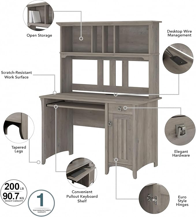 Bush Furniture Salinas Computer Desk with Hutch | Study Table with Drawers, Cabinets & Pullout Keyboard/Laptop Tray | Modern Home Office Desk in Driftwood Gray | Work Desk with Storage