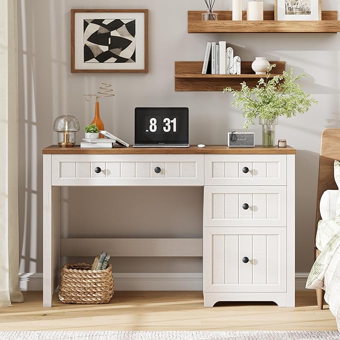 Vabches Farmhouse Executive Desk with Drawers, Home Office Desk with Storage Cabinet and File Drawer, Wood Computer Desk with Storage, Rustic Office Desk for Work Study Writing, Brown White