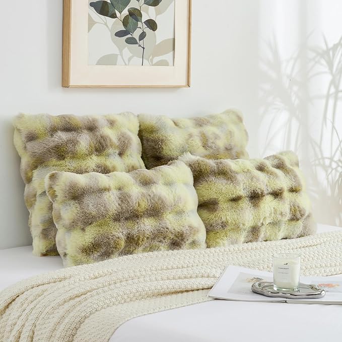 FUTEI Green White Decorative Throw Pillow Covers 20x20 Inch Set of 2,Soft Fuzzy Faux Rabbit Fur Cushion Covers with Raised Texture,Neutral Boho Home Decor for Couch Bed Living Room