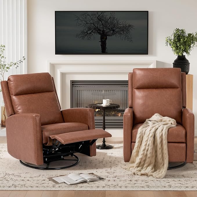 Swivel Rocking Recliner,Wide PU Leather Glider Sofa Chair with Ergonomic High Backrest for Living Room, Bedroom, Office(Cocoa)