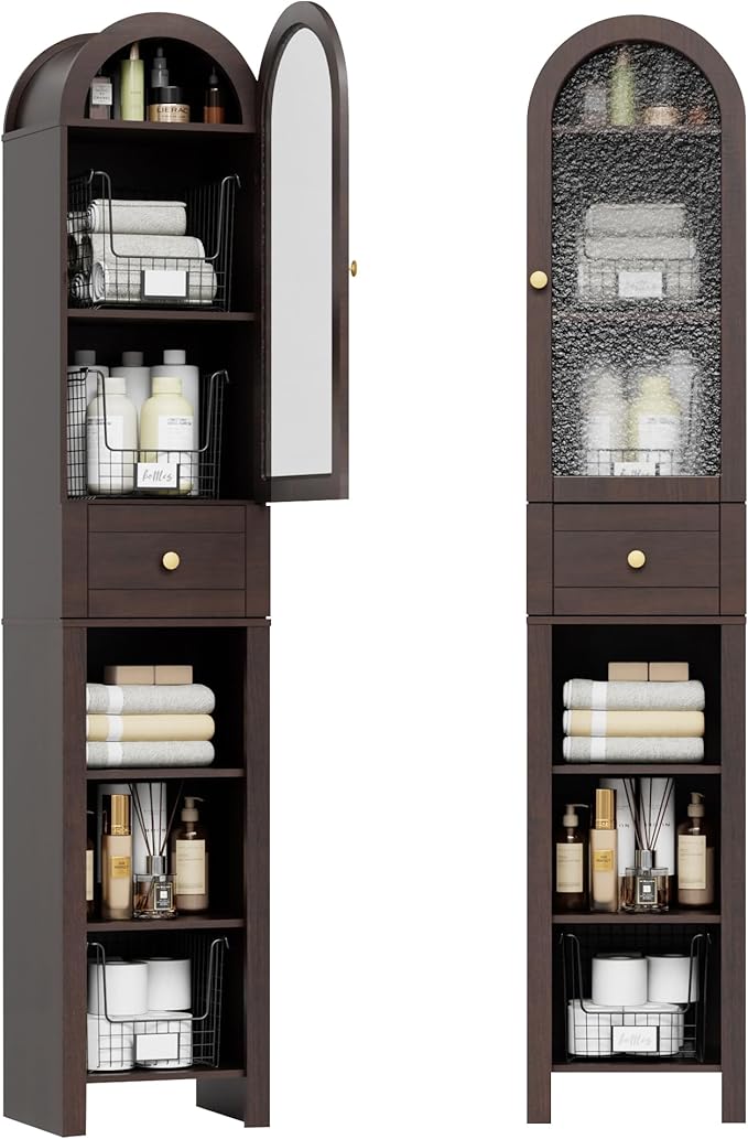 70" Tall Bathroom Storage Cabinet with Acrylic Door,Narrow Storage Cabinet with Drawer Adjustable Shelves, Modern Arched Design Bathroom Cabinet for Bathroom, Living Room, Kitchen, Espresso