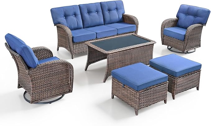 6-Piece Rotating Balcony Chair Set with 31-inch T-Shaped Wide backrest - Rattan Outdoor Rotating Balcony Chairs, Wide backrest Comfortable Outdoor Sliding Chair - Brown | Blue