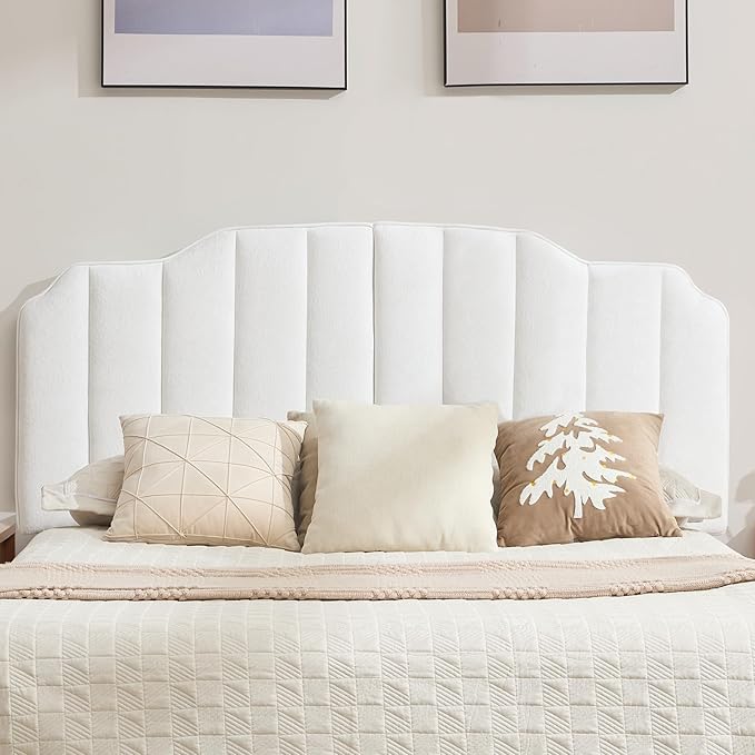 King Size Headboard, White Upholstered Headboard Adjustable Height&Width Velvet Headboards Modern Vertical Channel Design Bed Head Board, White