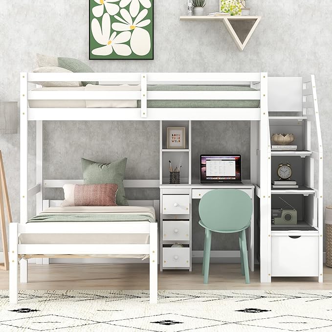 Twin Size Solid Wood Loft Bed with Storage Staircase and Desk, Bedroom Multifunctional Separable Bed Frame w/Shelves & Drawers,No Box Spring Needed,for Adult Kid Boy Girl,White