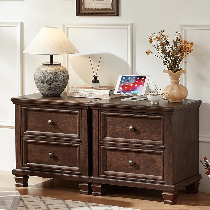 Farmhouse Bedroom Dresser and Nightstand Set of 4, 6 Drawer Tall & Low Dresser & 2 Drawer Nightstand Set, Rustic Wood Bedroom Furniture Set for Livingroom, Hallway, Walnut