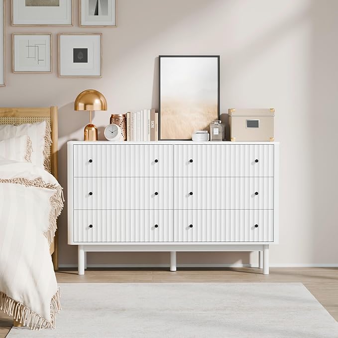 RECCI Fluted 6 Drawers Dresser for Bedroom, 54" Wide Chest of Drawers with 3D Fluted Panel, Faux Marble Top, Solid Wooden Legs, Storage Drawers, TV Stand, Closet Chests for Bedroom, White