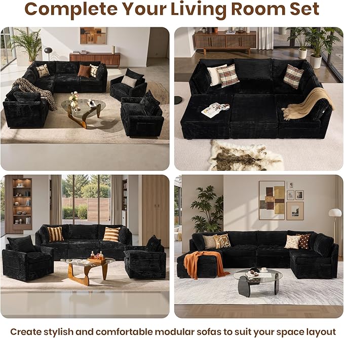 32.7'' Corner Seat for Modular Sectional Sofa, Deep Seat Upholstered Convertible Sleeper Sofas, L/U/V Shaped Plush Corduroy Cloud Couch for Living Room Apartment, Black