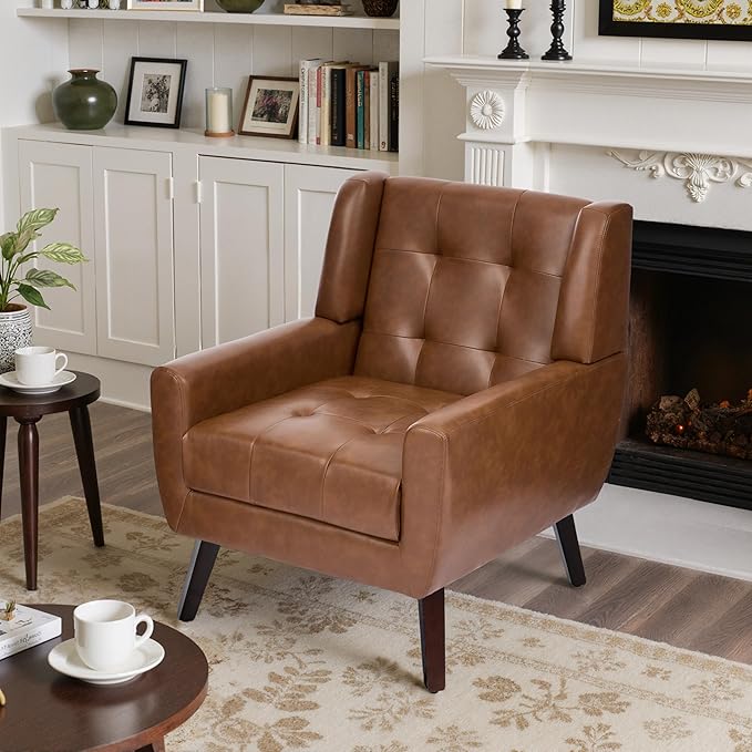 Faux Leather Accent Chairs Set of 2, Mid-Century Modern Upholstered Armchair, Comfy Living Room Chairs Reading Chairs with Button Tufted Back & Solid Wood Legs for Bedroom, Office, Coffee