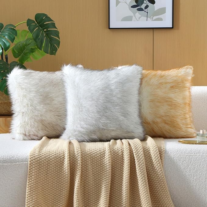 FUTEI Black White Decorative Throw Pillow Covers 20x20 Inch Set of 2,Soft Fluffy Faux Fox Fur Textured Cushion Case,Modern Home Decor for Couch Living Room