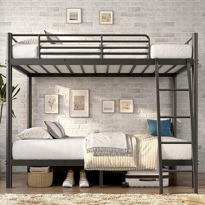 Bunk Bed Twin Over Twin, Heavy Duty Metal Bunk Bed Frame with Angled Ladder for Teens and Adults, for Spaces-Saving, Smooth Rounded Edges, Noise Free & Easy Assembly, Black