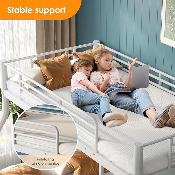 Bunk Beds Twin Over Full Size, Heavy Duty Metal Bunk Bed Frame with Angled Ladder for Teens and Adults, for Spaces-Saving, Smooth Rounded Edges, Noise Free & Easy Assembly, White