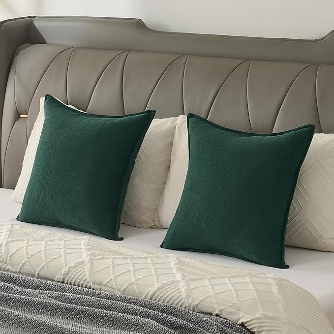 FUTEI Christmas Dark Green Chenille Throw Pillow Covers 26x26 Inch Set of 2,Edges Double-Stitched Euro Pillow Shams,Modern Home Decor for Couch Living Room