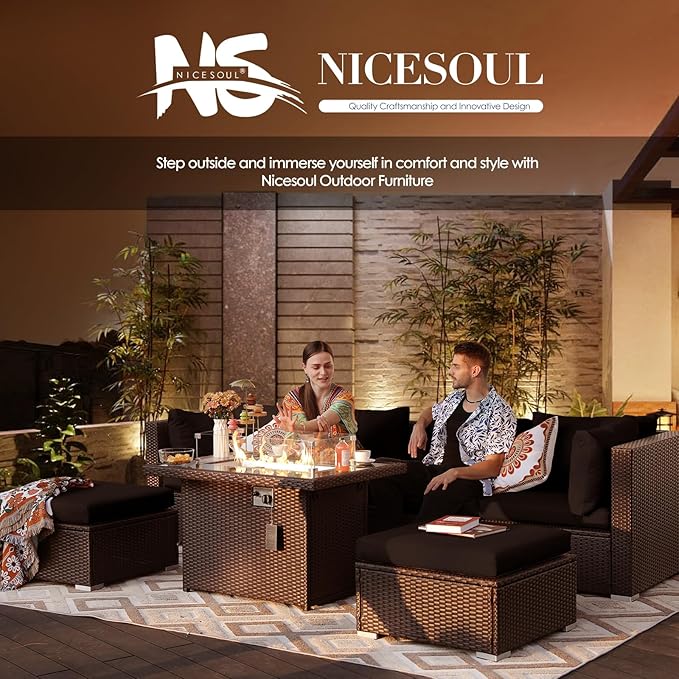 NICESOUL 7 Piece Outdoor Patio Furniture Set with Fire Pit Table Natural Gas/Propane, Tall Wide Deep Sectional Couch Sofa for Outside, 29.3'' High Back Backyard Sitting, Brown Rattan and Black Cushion