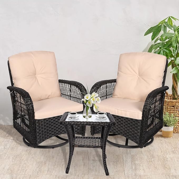 VIVIJASON 3-Piece Outdoor Conversation Bistro Set, Patio Swivel Glider Rocking Chairs Rattan Furniture Sets w/ 2 Rattan Chairs, Cushions, Glass Top Side Table for Porch Backyard, Dark Brown