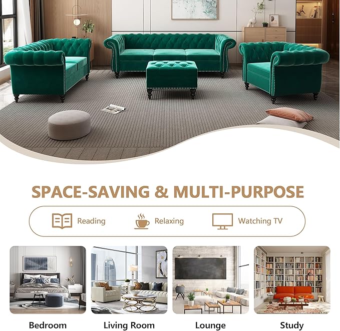 Velvet Sofa Couches Set, 3-Piece Mid Century Modern Upholstered Couch with Cushions, Home Sofa Sectional Furniture Sets, Comfy Tufted Chesterfield Couches for Living Room, Bedroom, Office