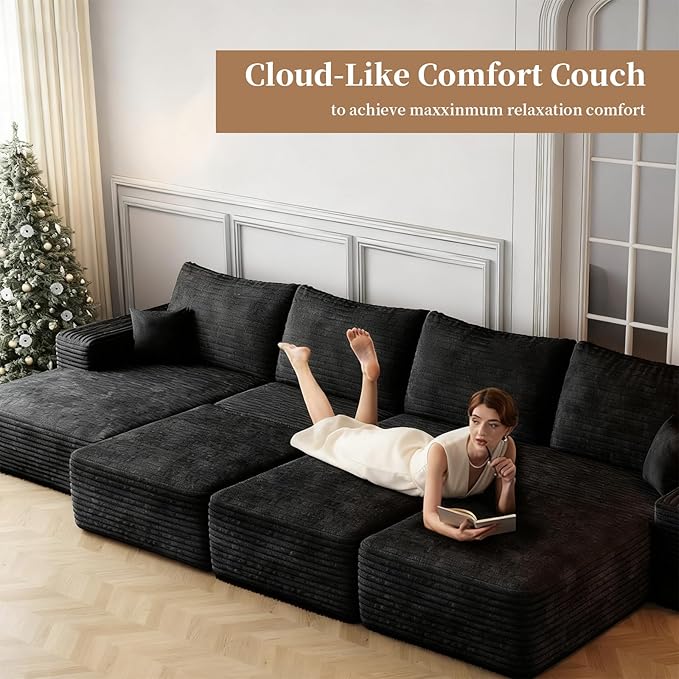 135.4" Large Cloud Modular Sectional Couch with Ottoman, Minimalist Upholstered Couches, Comfort U Shaped Sofa for Living Room,Deep Seat Corner Couch,No Assembly Required (Black,Left Facing Chaise)