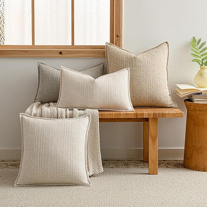 a moment Linen Pillow Covers Set of 2,Boho Farmhouse Throw Pillowcases Neutral Textured Decorative Covers for Couch Sofa Bed, Soft Linen Blend Accent Case Cushion Christmas Home Decor 20"x20"Ivory