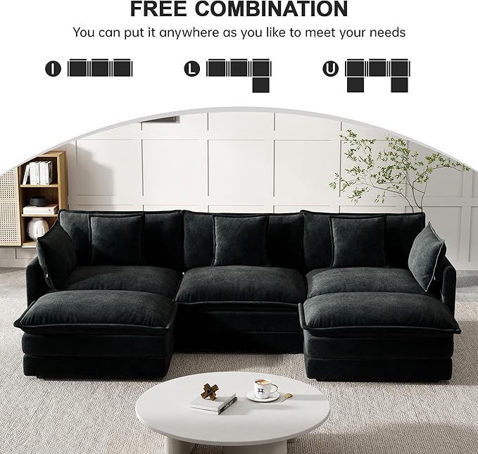 Modular Sectional Sofa, 111.5 Inch U-Shaped Cloud Sofa with Deep Seat Chenille Sofa with Cushions, Three-Self Sectional Sofa for Living Room Apartment,Black