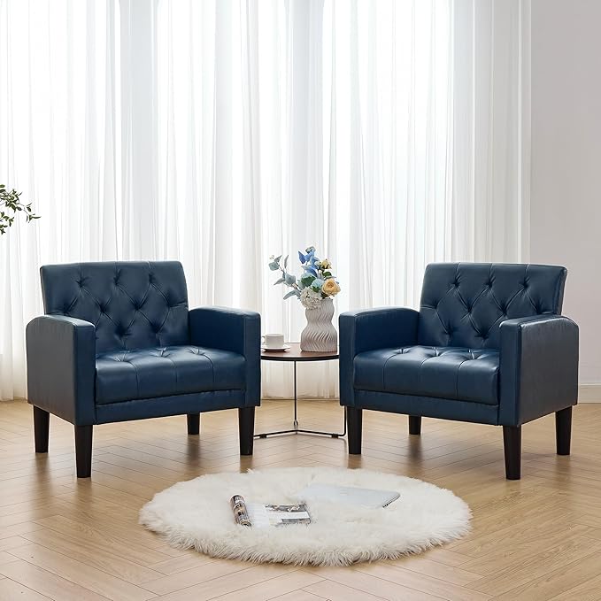 TYBOATLE Accent Chair Comfy Living Room Chair Leather Tufted Mid Century Modern Accent Chair, Small Cozy Reading Arm Chair for Office, Bedroom (1, Blue)