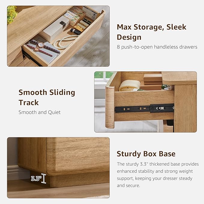 ACCOHOHO Modern Bedroom Set, 3 Pieces Bedroom Furniture Set, Wood 8 Drawer Dresser and Nightstands Set of 2, Chest of Drawers Wide Storage Organizer Cabinet for Bedroom, Natural Oak