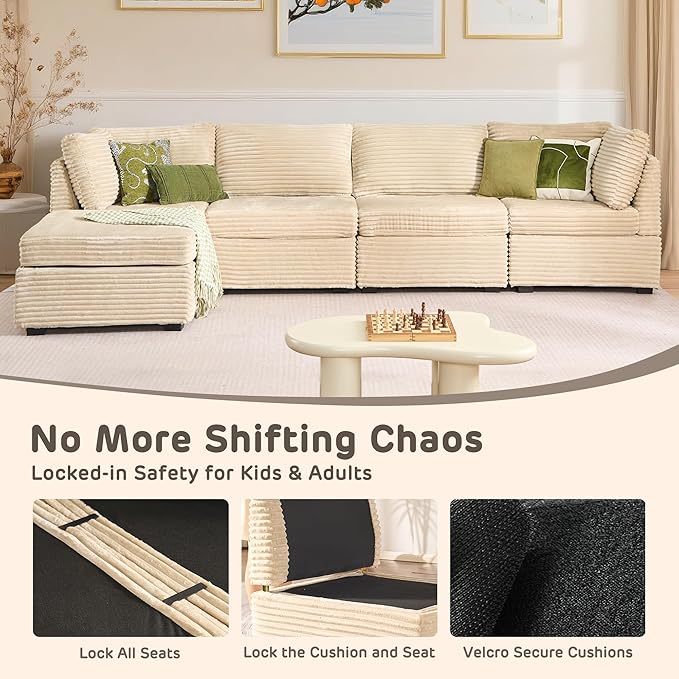 130" Modular Sofa with Swivel Chair & Ottoman, Modern Cloud Sectional Couch Plush Corduroy 5 Seater Deep Seat Sofas Set & Accent Armchair for Living Room, Beige