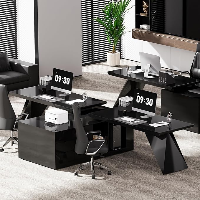 homary 70.9" Modern L-Shape Executive Desk, Home Office Desk with Drawers & Cabinet Modern Computer Desk for Home Business Furniture, Black, Left Hand