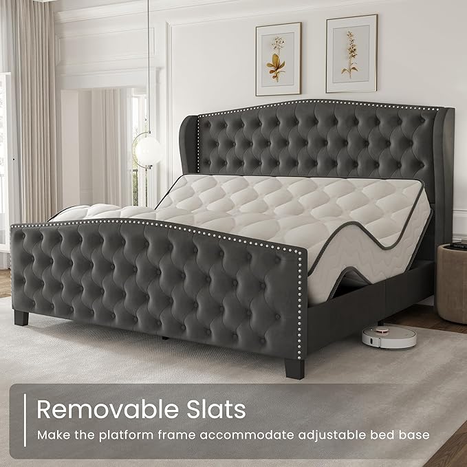 LARMACE King Size Bed Frame Velvet Upholstered Platform Bed with Wingback Headboard & Footbaord, Deep Button Tufted Bed Frame with Wood Slats Support, No Box Spring Needed, Grey
