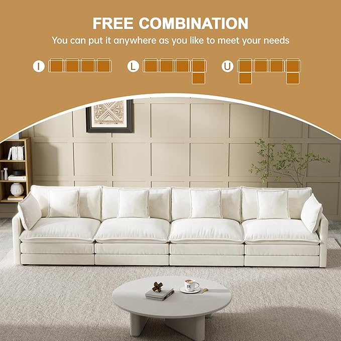 Modular Sectional Sofa, 146.5 Inch I-Shaped Cloud Sofa with Deep Seat Chenille Sofa with Cushions, Four Seater Sectional Sofa for Living Room Apartment,White