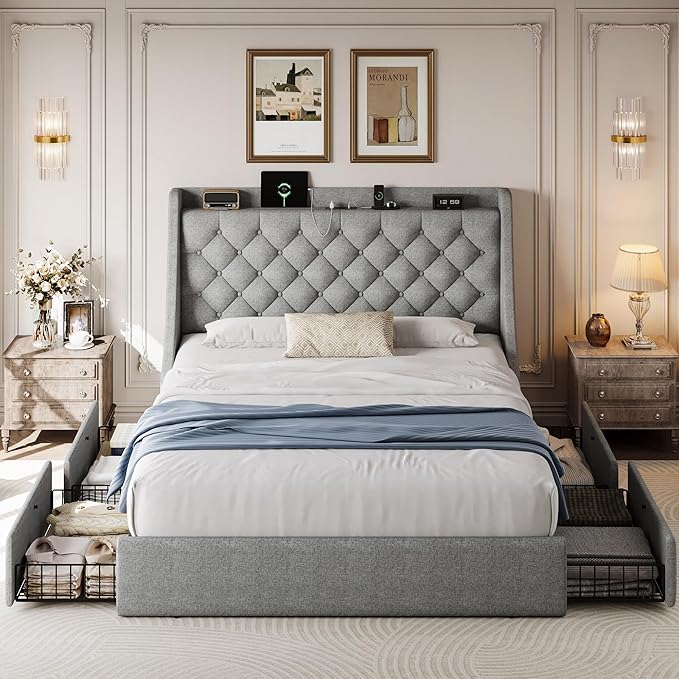Queen Size Bed Frame with 4 Storage Drawers & Charging Station, Linen Upholstered Platform Bedframe, Button Tufted Wingback Headboard, Sturdy Wooden Slats, No Box Spring Needed, Light Grey