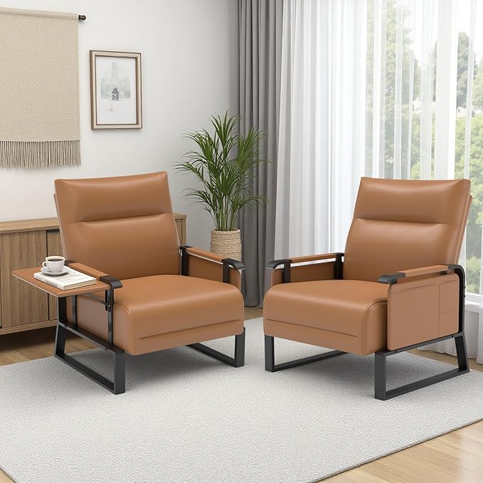 Upholstered Accent Chairs Set of 2, Modern Faux Leather Sofa Chairs with Foldable Side Tray Table & Storage Pocket, Small Accent Sofas for Living Room, Bedroom, Brown