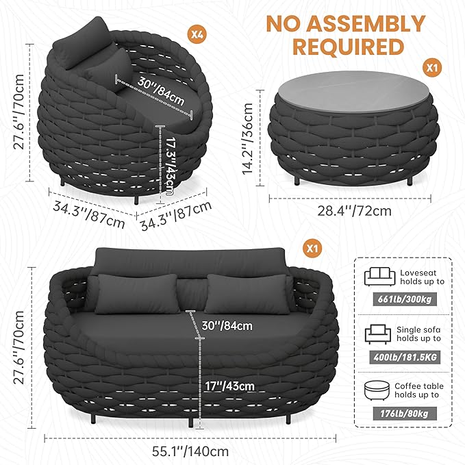 Rope Outdoor Patio Furniture Set: 6 Pieces Aluminum Porch Conversation Sofa Set - Modern Woven Deck Couch Set Cushioned - No Assembly All Weather for 660lbs Yard Garden Lanai Hotel, Dark Gray