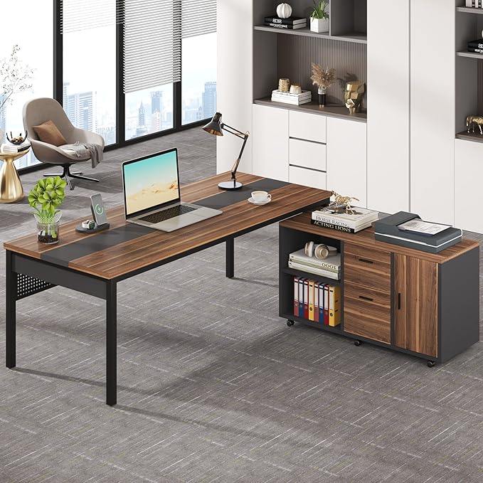 Tribesigns 71 inch Executive Desk, L Shaped Desk with Mobile File Cabinet, Executive Office Table with 2 Drawers and Storage Shelves, Business Furniture Workstation for Home Office, Walnut and Black