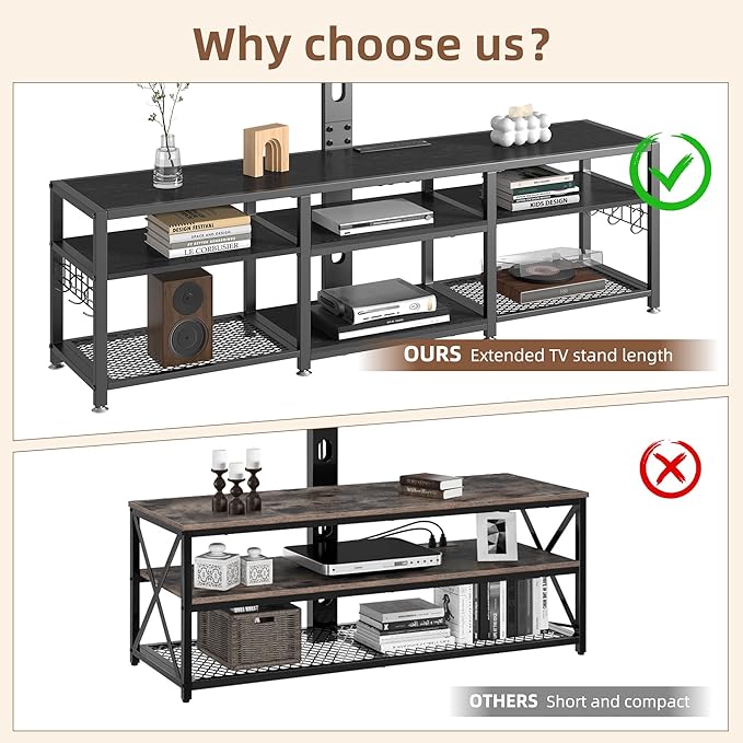 VECELO 71" TV Stand with Mount and Power Outlets, Entertainment Center with Open Storage Shelves, Height Adjustable Mount up to 80”, Wooden Table and Metal Frame for Living Room, Modern Black