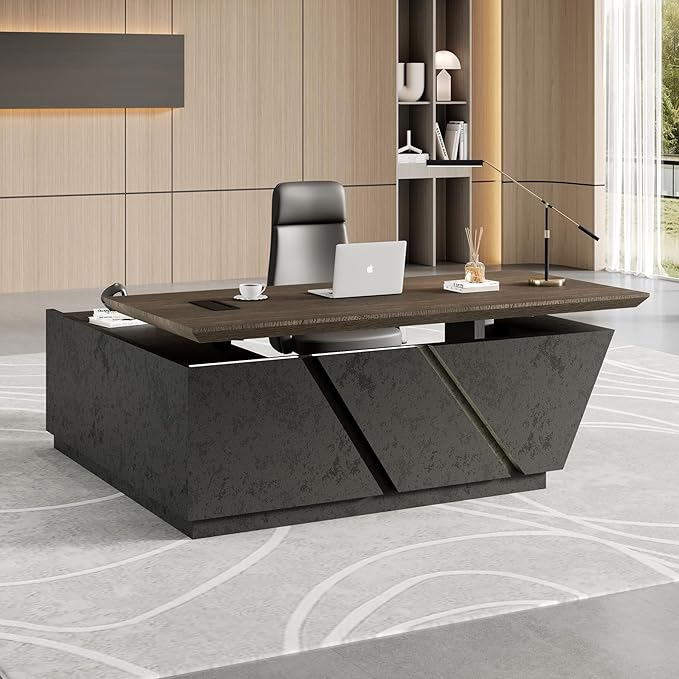 SAINTCY 78.7 Inch Adjustable Executive Desk - Luxury L Shaped Desk with Drawers, Large Table with File Cabinets, Executive Office Desks with LED Light Strip Home Office Desk for Professionals