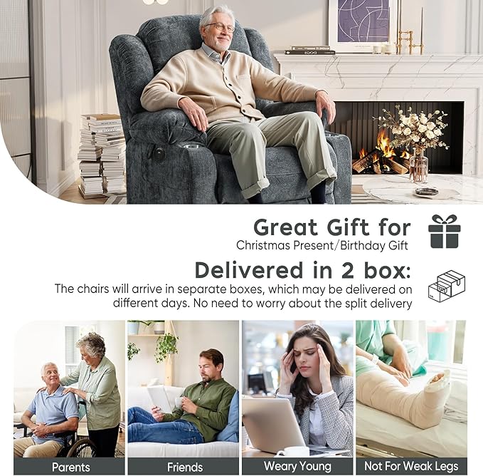 ABCASA Large Dual Motor Lay Flat Power Lift Recliners Chair for Elderly with Heat & Massage, Comfortable Chenille Recliner, USB-A & C, Cup Holder, Side Pocket, Brown