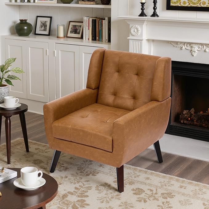 Faux Leather Accent Chairs Set of 4, Mid-Century Modern Upholstered Armchair, Comfy Living Room Chairs Reading Chairs with Button Tufted Back & Solid Wood Legs for Bedroom, Office, Brown