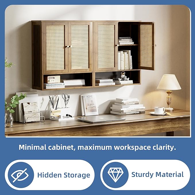 HITNET Bamboo Medicine Cabinet, Wall Mounted Bathroom Cabinet with Adjustable Shelf, Double Rattan Door Hanging Storage Organizer Over Toilet for Entryway, Laundry Room (Walnut)