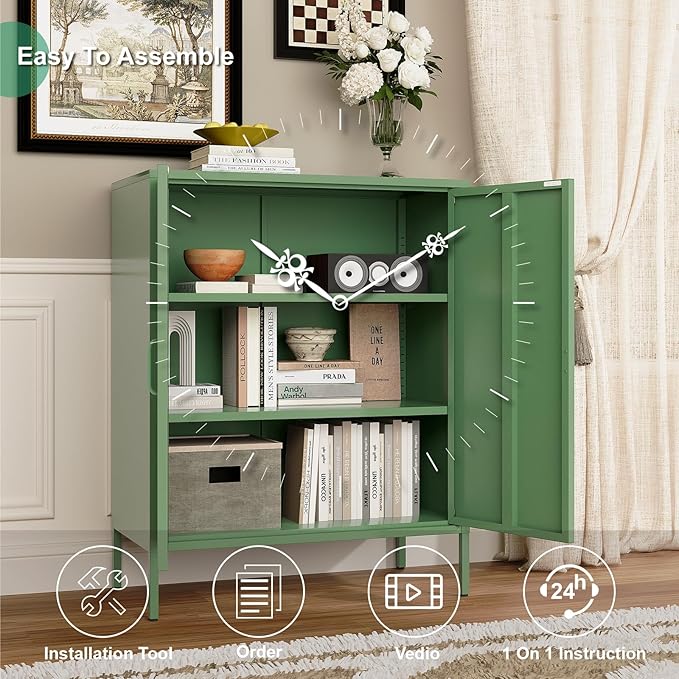 Green Metal Cabinet,Bathroom Floor Storage Cabinet,40"H Small Cabinets With Doors,2 Door Metal Towel Freestanding Cabinet For Small Spaces,Two Door Hallway Short Cupboard,Low Cabinet For Living Room