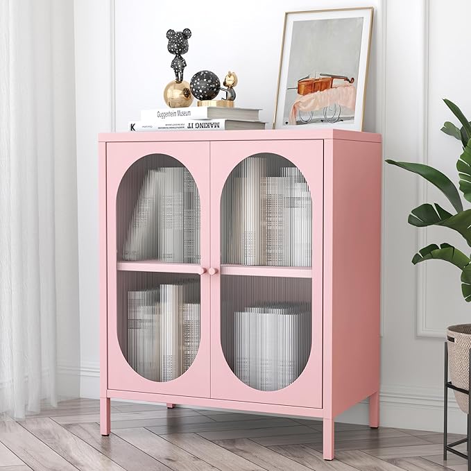Display Cabinets with 2 Acrylic Doors,Small Pantry Cabinet, Storage Closet with Adjustable Shelf and High Feet, Pink Cabinet for Home, Office, Living Room,Dining Room,Sideboard, Hallway and Entryway