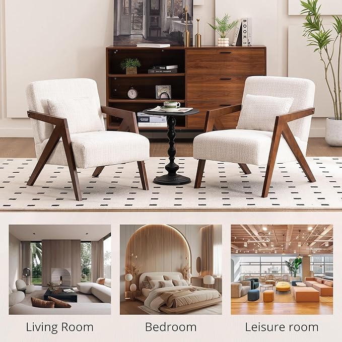 Mid-Century Modern Accent Chair Set of 2 with Solid Wood Frame,Upholstered Chenille Living Room Arm Chairs with Pillow for Bedroom, Living Room, Reading Room, Balcony, Beige