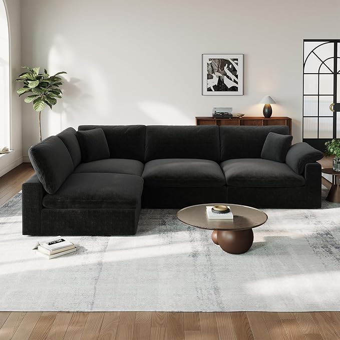 Cloud Modular Couch for Living Room,V Shape Linen Blend Sofas,Modern Deep Seat Cloud Sofas,Convertible Comfort Down Filled Sectional Couches,Removable Washable Cushion Covers,Black