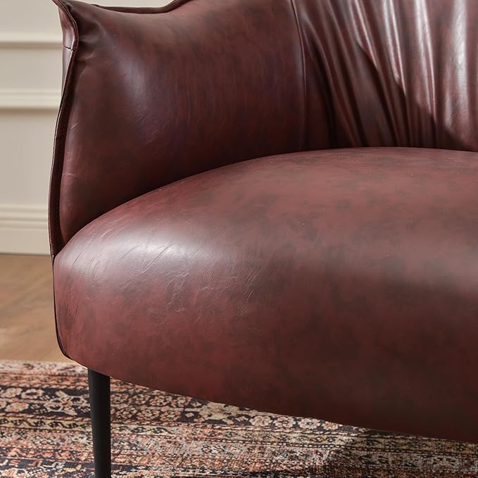 KINWELL 33" W Faux Leather Barrel Chairs Set of 2 with Hand-Tufted Pleated Back Flared Arms, Modern PU Upholstered Accent Chairs with Metal Legs, Large Armchairs Lounge Chairs for Living Room, Red