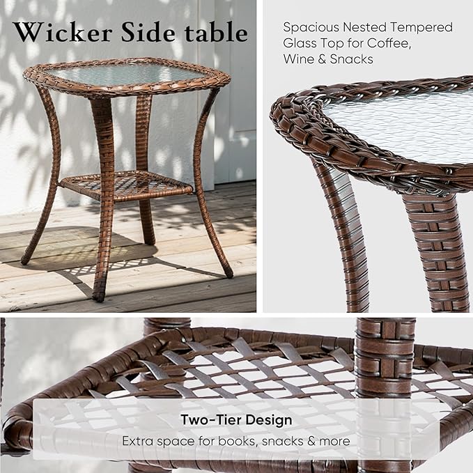 Belord Luxury 6" Thick Cushioned Outdoor Swivel Rocker Chairs Set of 4 with Fire Pit Table, High Back Wicker Patio Furniture Set with Ergonomic Zone Back, Conversation Set for Deck Porch - Brown+Grey