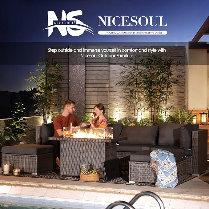 NICESOUL 9 Piece Outdoor Patio Garden Furniture Set with Fireplace Natural Gas/Propane, 29.3'' High Back Oversized Wicker Sectional Sofas, Deep Seating Couches for Outside Backyard Terrace, Gray