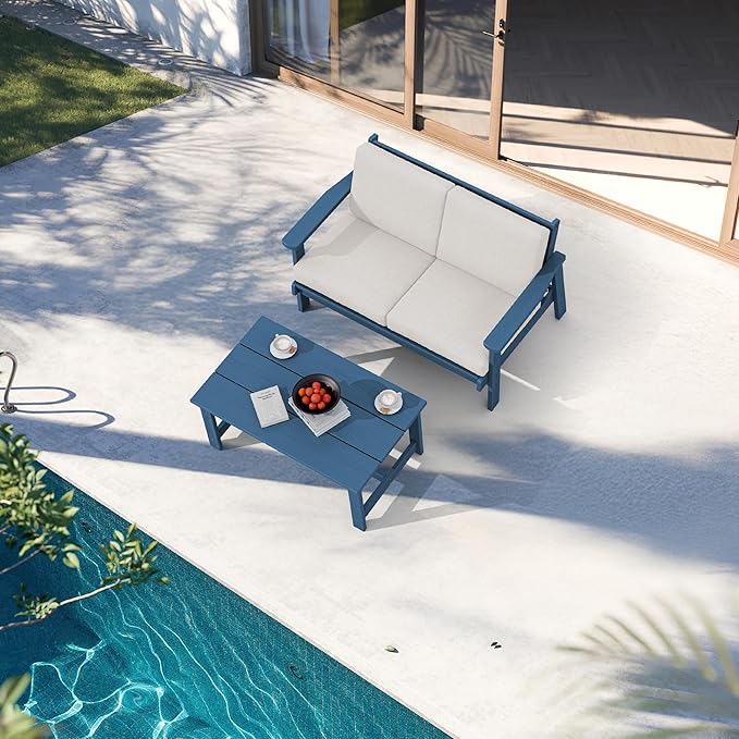 SERWALL Outdoor Loveseat, Blue Frame and Khaki Cushion